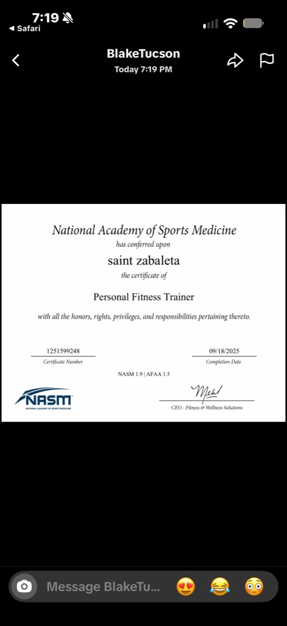 National Academy of Sports Medicine Personal Fitness Trainer certificate issued to Saint Zabaleta on September 18, 2025